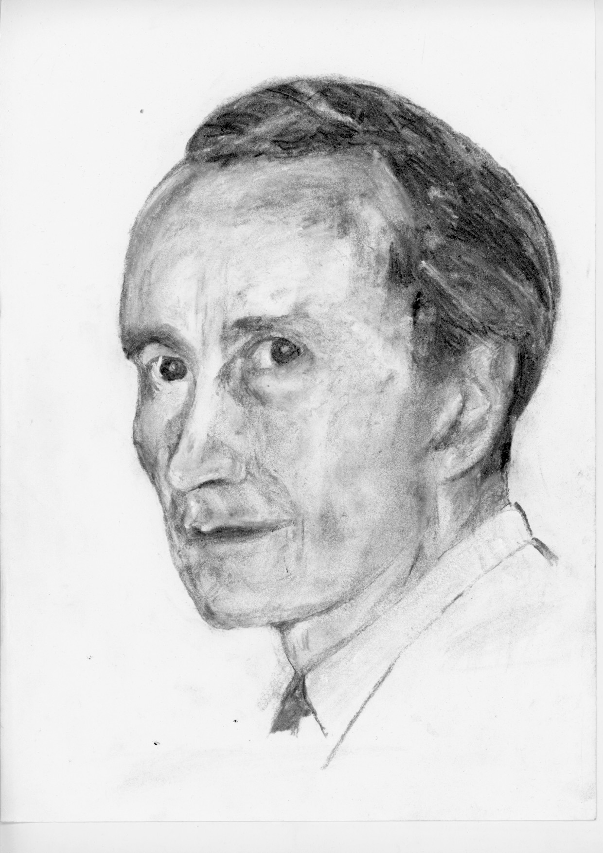 A charcoal and chalk study of a man's head.