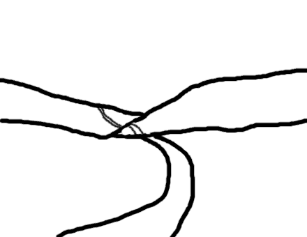 A drawing of a road over hills.