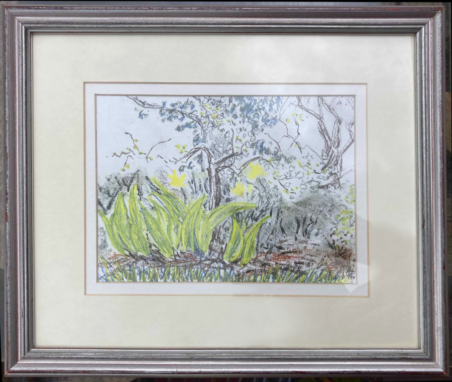A framed drawing of daffodils under a tree.